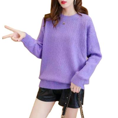 China Anti-wrinkle Autumn Winter Women Solid Loose Knit Jumper Stylish Crew Neck Drop Shoulder Sweater Sweater for sale