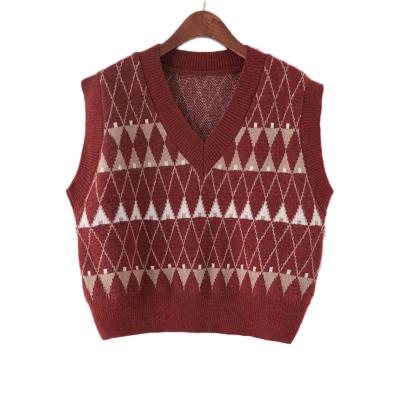 China Anti-Wrinkle Spring And Fall V-neck Casual Sleeveless Argyle Women's Geometric Plaid Knitted Sweater Vest for sale