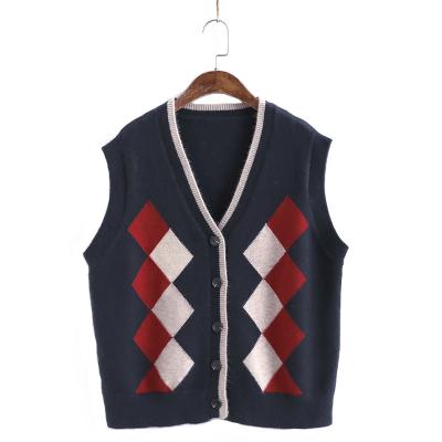 China Anti-wrinkle Female Vintage Argyle Pattern Sleeveless Cardigan Single Breasted Spring Vest and Autumn Women Sweater for sale