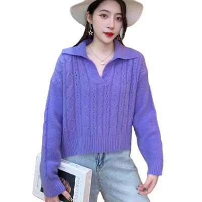 China New Listing Winter Minimalist Anti-wrinkle Knitted Regular Sloid Turn-Down Collar Sweater For Women Pullover for sale