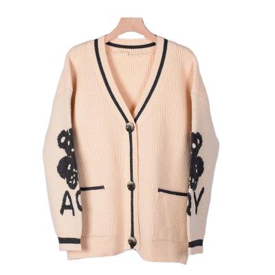 China Front Button Jacquard Cute Bear Open Cardigan Cos Sweater Long Sleeve Anti-wrinkle Women's Outerwear With Pockets for sale