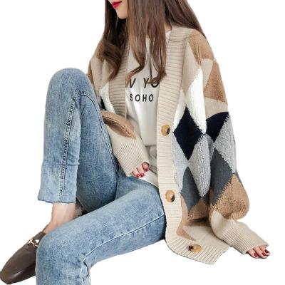 China Autumn Long Sleeves Coat Outwear Front Argyle Plaid Print Knitted Sweater Anti-wrinkle Women Open Cardigan for sale