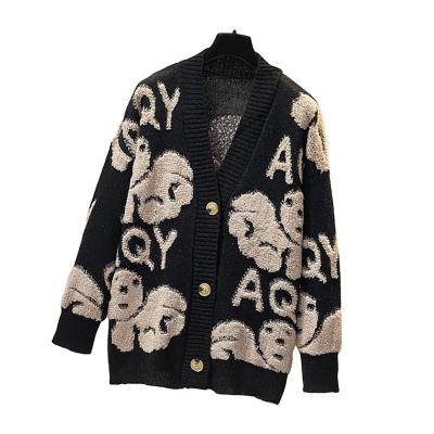 China Anti-wrinkle Women's Long Sleeve Cute Front Button Down Jacquard Bear Open Cardigan Sweater With Pockets for sale