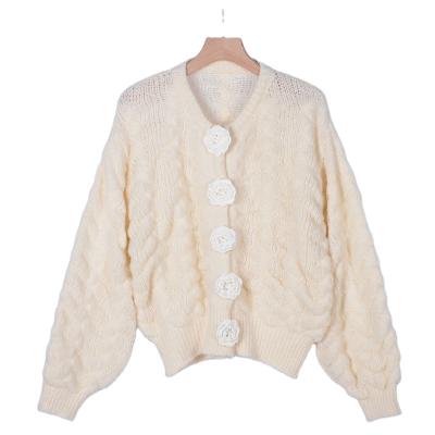 China Anti-wrinkle Women's Long Sleeve Open Front Button Down Knitwear Sweater Coat Cable Knit Short Cardigan for sale