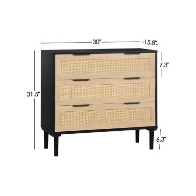 China Foldable Wooden Rattan 3 Drawer Dresser Large Storage Cabinet Nightstand Chest For Bedroom for sale