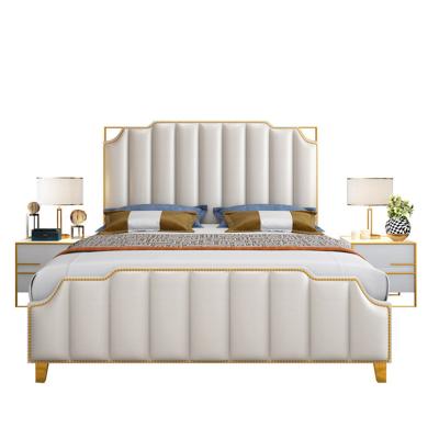 China Italian Storage Design Metal Bed Frames White Gold Steel Leg Headboard Platform Bed Leather Headboard for sale