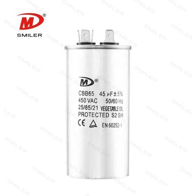 China Capacitor cbb65 Air Conditioner Smiler cbb65 AC Capacitor 45uf Polypropylene Film Capacitor Manufacturer for sale