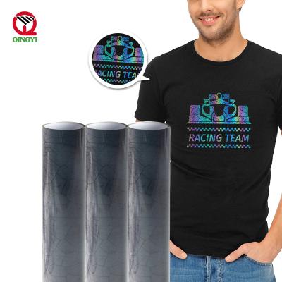 China apparel custom iron on colorful clear 3d luster effect htv rolls glossy rainbow heat transfer reflective overlay vinyl for t-shirt logo for sale