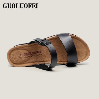 China Women Cork Slides Sandals Anti-odor Fashion PU Cross Strap Summer Beach Wedge Heel Shoes GUOLUOFEI for sale