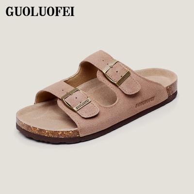 China Hot Sale Anti-odor Women Suede Leather Sandals Shoes Unique Double Buckle Cork Slippers for sale