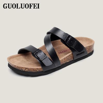 China Anti-Smell Mens Womens Mens Womens Open Toe Leather Cork Sandals Double Buckle Strap Open Slip On Beach Slippers for sale