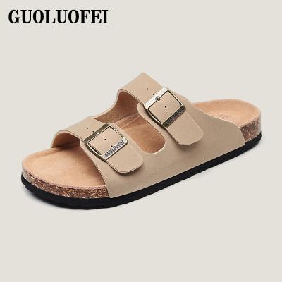 China Trend Logo Summer Men Sandals Custom Made High Quality 2022 Cork Sole Fashion Leather Upper Slippers for sale