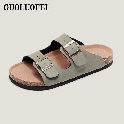 China Trending Logo Summer Men Sandals Custom Made High Quality 2020 Cork Sole Fashion Leather Upper Slippers for sale