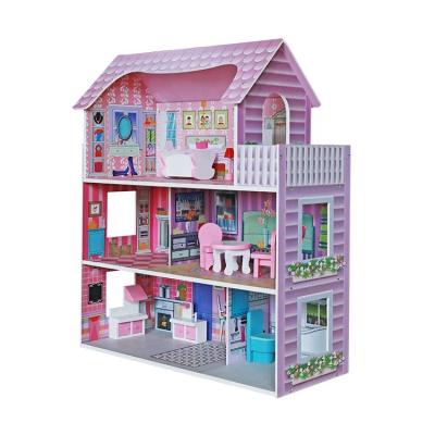 China PinkClassic 3 Floors Petend Girls Role Play Wooden Children's Play Set Large Baby Doll House Wooden Doll's Room For Children's Stage Toys for sale