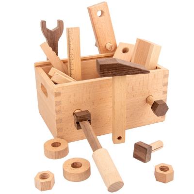 China High quality hot selling pine toolbox border educational wooden toys dress up DIY building toolbox toys for sale