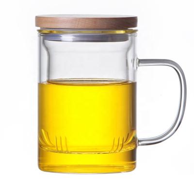 China Sustainable Tea Separation Heat Resistant Glass Mug With Wooden Cover And Multicolor Handle Thickened 400ml for sale