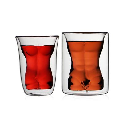 China Naked female body shape 150ml wall glass wine cup and naked male bachelor party 180ml double wine glass cup for sale