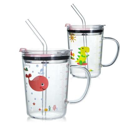 China 12 Ounce Kids Glass Milk Cup Tumbler with Silicone Straw and Lid Handle for Kids and Adult Cup, Water with Scale Juice and Drinking Cup for sale