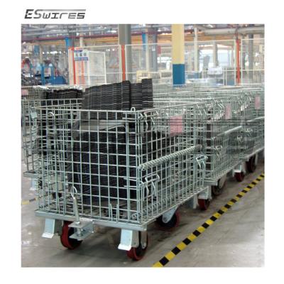 China Collapsible Galvanized Storage Transport Warehouse Folding Stacking Metal Mesh Steel Wire Cages With Wheels for sale