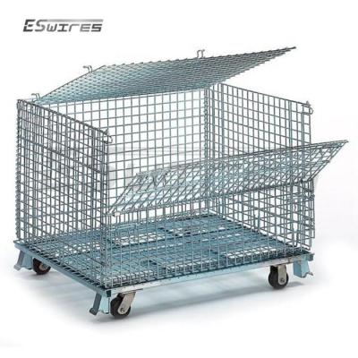 China Collapsible Metal Collapsible Stackable Steel Wire Mesh Storage Bins Folding Bins Basket Large With Wheels And Lid for sale