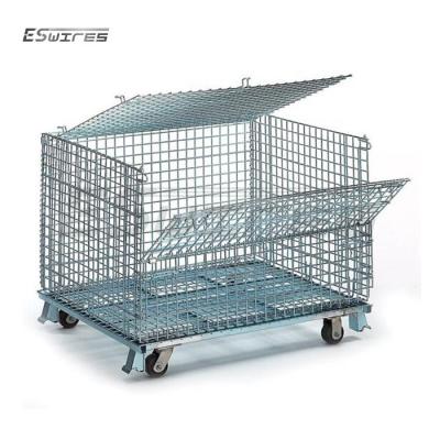 China Customized Collapsible Warehouse Folding Mobile Storage Stackable Logistics Zinc Galvanized Wire Mesh Container With Caps for sale