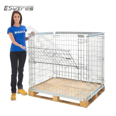 China Warehouse Fully Collapsible Collapsible No Bottom Mesh Cage Fixed On Wooden Pallet for sale