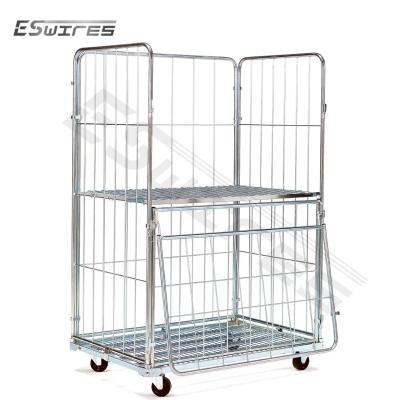 China Stackable collapsible steel galvanized laundary rolling cage trolley container with folding door for sale