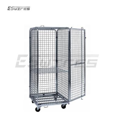 China Foldable Customized Handling Galvanized Steel Wire Mesh Industrial Folding Roll Cart for sale