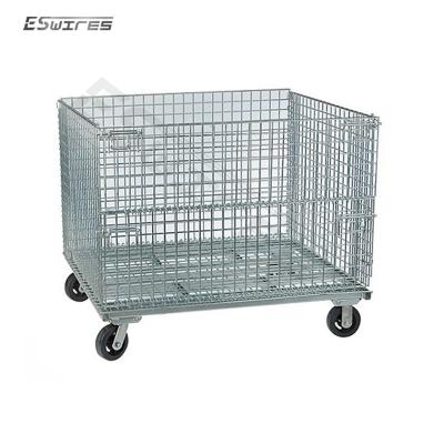 China High Capacity Warehouse Mesh Box Wire Cage Metal Trash Collapsible Heavy Duty Steel Storage Container With Four Wheels for sale