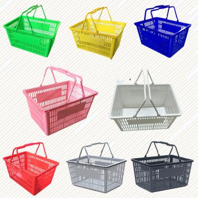 China 1) Supermarket 2)Popular Red Blue Green Pink Plastic Shopping Basket Material 22L Gray Yellow Supermarket Shopping Basket Plastic Handle for sale