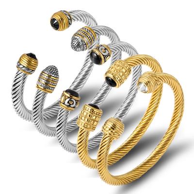 China Cute Fashion Women Men Gold Plated Open Expanding Twisted Stainless Steel Tennis Cable Wire Cuff Bangle Bracelet for sale