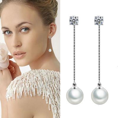 China TRENDY Women's Simulated Pearl Zircon Long Chain Earrings Wedding Earings Fashion Bridal Jewelry for sale