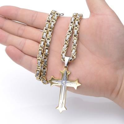 China Men's Stainless Steel Hiphop Long Necklace Titanium Blue Black Gold Byzantine Crusader Pendant Silver Stainless Steel Necklaces Jewelry for sale