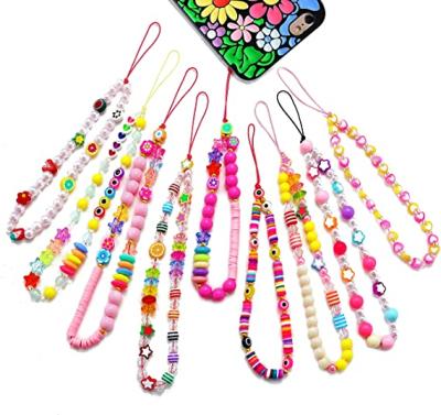 China 2021 Handmade Popular Handmade Key Chain For Phone Smiley Face Fruit Pearl Clay Cute Colorful Pearl Lanyard Wrist Phone Chain Strap for sale