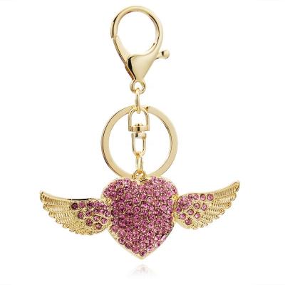 China Fashion Cute Heart Shaped Angel Wings Keychains For Women Travel Key Chain On Bag Rose Gold Zircon Trinket Drop Shipping for sale