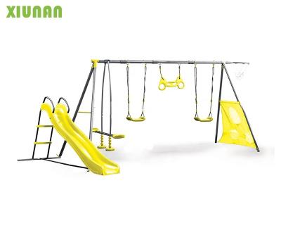 China Plastic Playground Seven Functions Play Metal Outdoor Playground Set Swing Set With Plastic Slide for sale