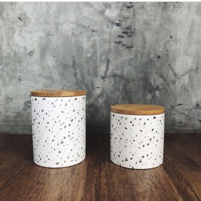 China High Quality Handcrafted Modern Wedding Home Wedding Decorative Terrazzo Candle Holder Candle Jar With Wooden Lid for sale