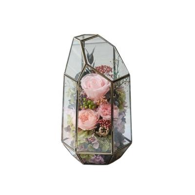 China Rose Gold Mini Greenhouse Copper Plant Glass Vase Clear Geometric Home Decor Art Deco Wholesale Vase For for sale