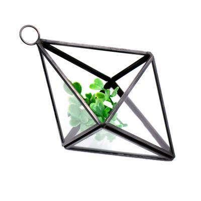 China Wholesale Art Deco The Best Price Geometric Black Clear Color Mini Greenhouse Glass Diamond Droplet Terrarium Glass Vase for sale