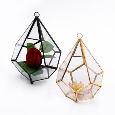 China Wholesale Art Deco Black Gold Polyhedron Mini Prism Greenhouse Glass Geometric For Air Plant Flower Pot Succulent Use for sale