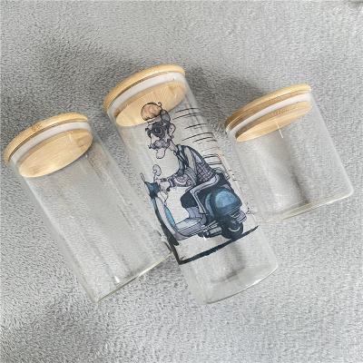 China Dye Sublimation Heat Press Clear Glass Storage Canning Jar With Sealed Bamboo Wooden Airtight Lids for sale