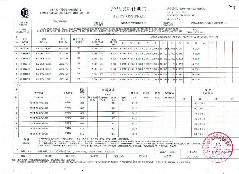 Certificate of quality - JF Sheet Metal Technology Co.,Ltd