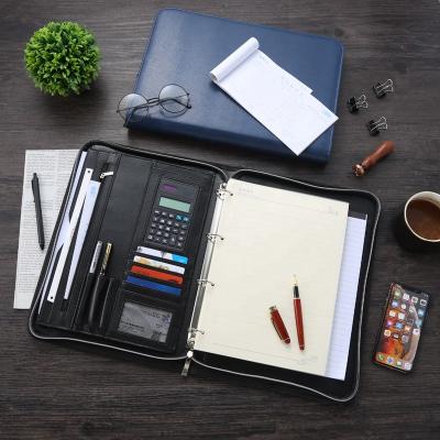 China Custom PU Ring Binder Folder A4 With Logo, Leather Zipper Folder Binder With Calculator, Zippered Padfolio With 4 Ring Binder for sale