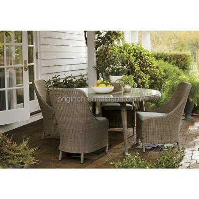 China Modern 5 Piece Narrow Weave High Back Designed Outdoor Round Table And Chair Rattan Dining Set for sale