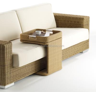 China Modern U Shaped Living Room Coffee Tea Serving Tray Portable Movable PE Rattan Sofa Side Sectional Table for sale