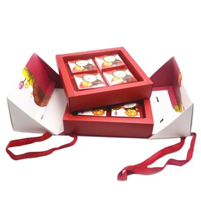 China Hot luxury handmade double ribbon handle printing mooncake cardboard open box boxes for sale for sale