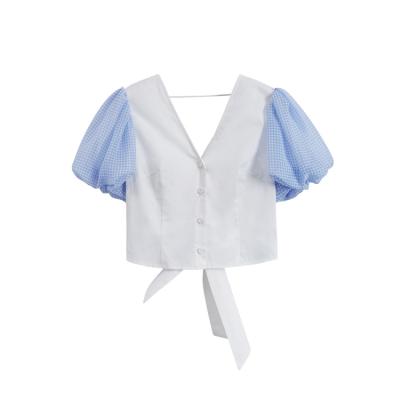 China 2021 Summer Puff Sleeve Anti-Shrink V Tie Waist Ladies Blue Blouse Deep V Blouse for sale