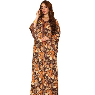 China Polyester 2022 Muslim Eid Summer Sleeve Retro with Orange A Print Baya Chinese Ethnic Long Weaving Women's Clothes for sale