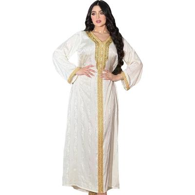 China Polyester Middle East new women's hot diamond lace robe Muslim white satin jacquard dress 2piece set for sale