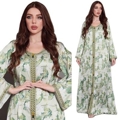 China Luxury /traditional /shopping Muslim Modest Floral dress green Lotus Print Romantic Arabian Abaya Ethic Luxury Maxi gown Evening Dress 2022 Elegant African for sale